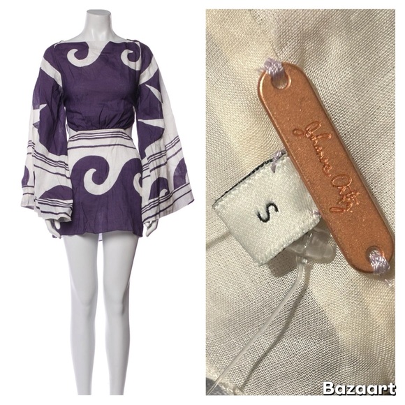 Johanna Ortiz Wave After Wave Tie Back Mini Dress Organic Linen Statement Sleeve - Picture 4 of 12